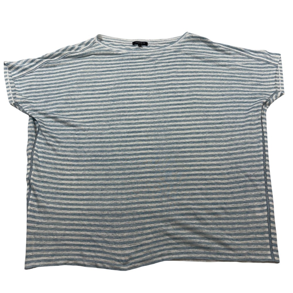 Lafayette 148 New York Blue White Striped 100% Linen Short Sleeve Top Small